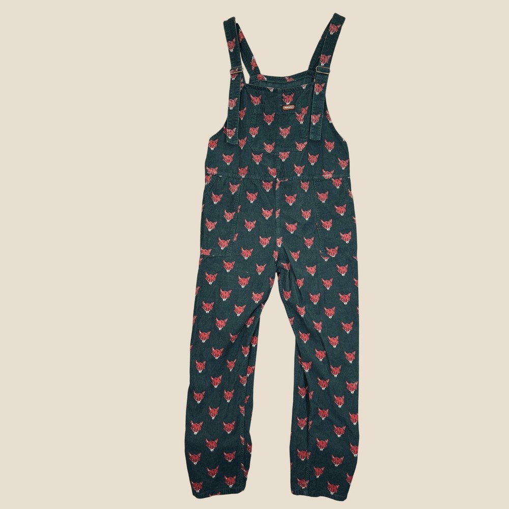 Run & Fly Overalls Unisex XL Green Fox Head Print Corduroy Retro Dungarees Pants